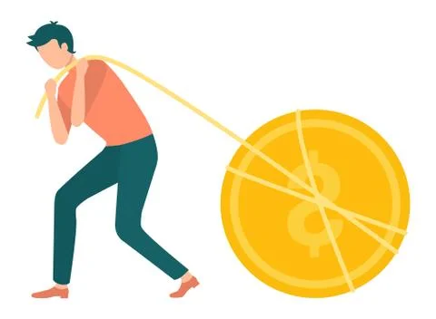 Golden Coin Man Pulling Dollar with Thread Vector Illustrazione stock