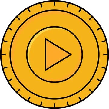 Golden coin with play button flat icon black outline. Stock Illustration