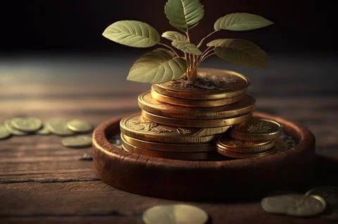 Golden coin stack on table metaphor to saving money with copy space backgroun Stock Illustration