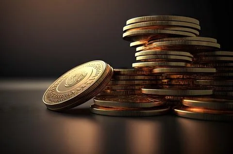 Golden coin stack on table metaphor to saving money with copy space backgroun Stock Illustration