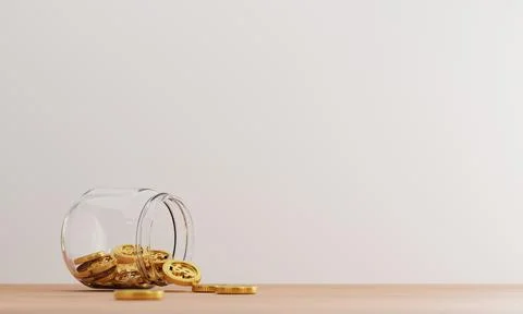 Golden coins are pouring from inside of transparent jar on table Stock Illustration