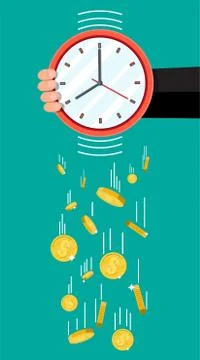 Golden coins falling from clocks. Stock Illustration