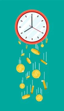 Golden coins falling from clocks. Stock Illustration