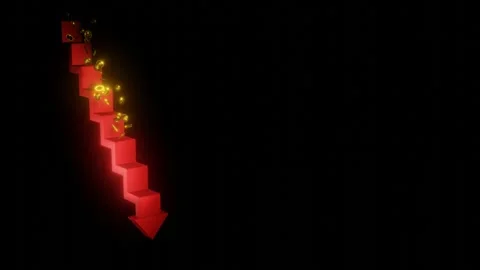 Golden coins falling down red staircase shaped downward trend arrow represe.. Stock Footage 337408288