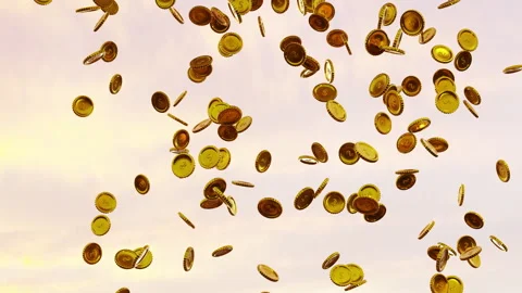 Golden Coins Falling from the Sky at Sunset Stock Footage 277212304