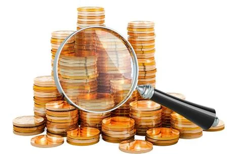 Golden coins with magnifier, 3D rendering Stock Illustration