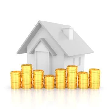 Golden coins stack and home model. 3D rendering. Stock Illustration
