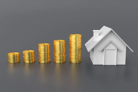 Golden coins stack and home model. 3D rendering. Stock Illustration