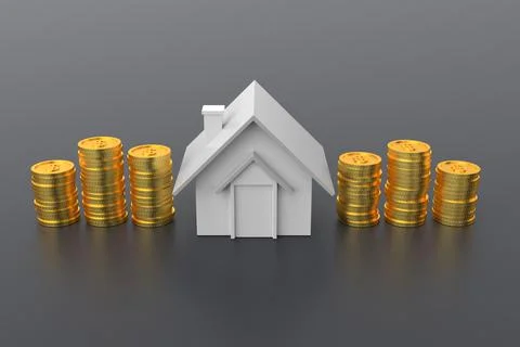 Golden coins stack and home model. 3D rendering. 스톡 일러스트