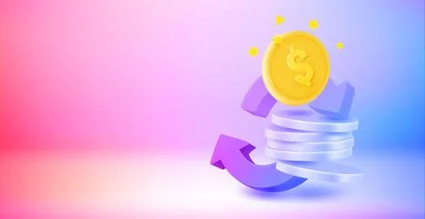 Golden coins stack with arrows. Payment concept. 3d vector banner with copy.. Stock Illustration