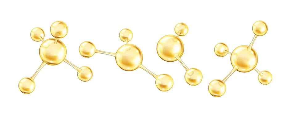 Golden collagen molecules form complex structures icons set Stock Illustration