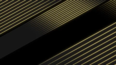 Golden colored glowing parallel lines over simple black background Stock Footage 307669961