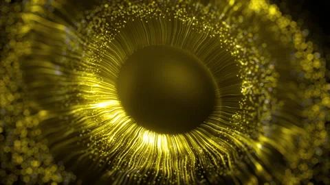 Golden colored human digital iris lines after a blast scattering out of a bright Stock Footage 133528166