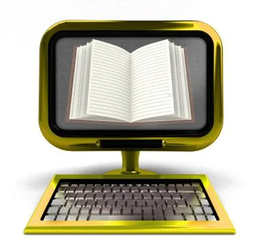 Golden computer with open book on screen concept isolated illustration Stock Illustration