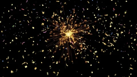 Golden confetti explosion with light rays on a black background for festive Stock Footage 341907899