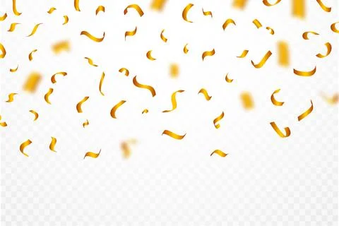 Golden confetti falling background. Realistic golden ribbon and confetti vect Stock Illustration