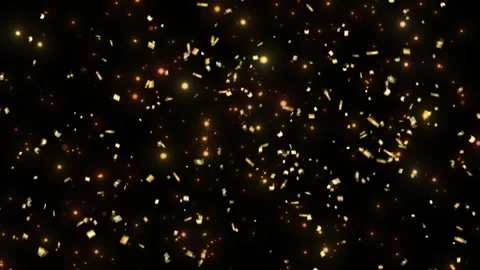 Golden confetti falling on black background, festive celebration party Видео 345016300
