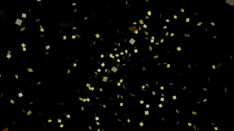 Golden confetti falling down and spinning in slow motion on black background. Video stock 337805309