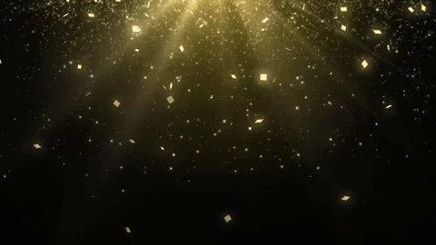 Golden Confetti Falling with Light Rays on Black Background Stock Footage 299244914