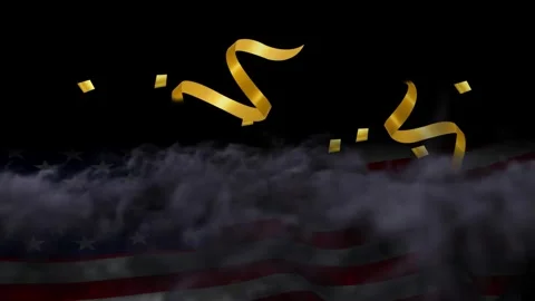 Golden confetti falling over waving american flag with streamers falling Stock Footage 343805138