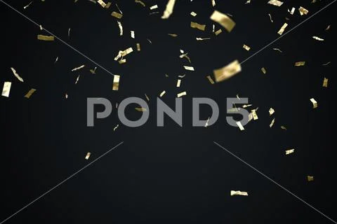 Golden confetti isolated on black background. 3D rendered illustration. Stock Illustration
