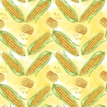 Golden Corn and kernels seamless pattern, autumnal textile, cobs on yellow Illustrazione stock