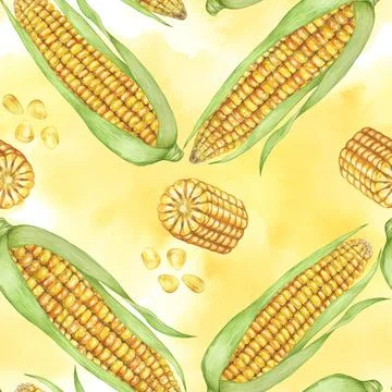 Golden Corn and kernels seamless pattern, autumnal textile, cobs on yellow Illustrazione stock