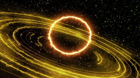 Golden Cosmic Ring with Orbiting Light Trails and Forward Moving Stars Loop 库存影片 333284170