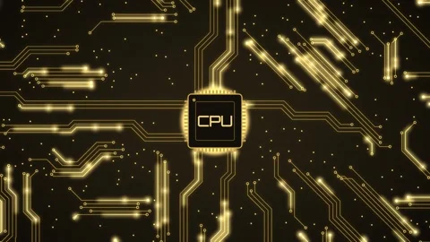 Golden CPU chip and circuit traces on black Stock Footage 348305224