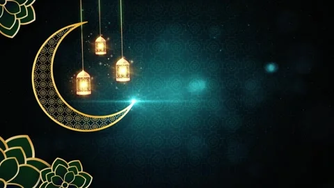 Golden crescent moon with hanging lanterns against dark blue ornate background Vídeos de archivo 344646727