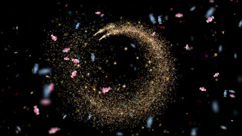 Golden crescent moon shape made of glowing particles with floating colorful Vídeo Stock 345017076