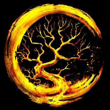 Golden crescent tree with a blot texture. 2D illustration Illustration