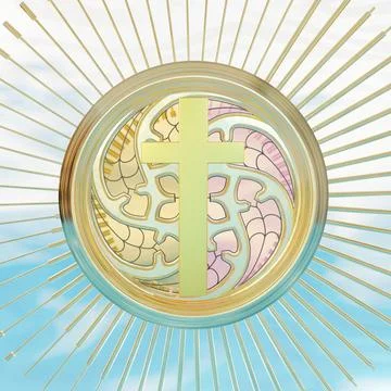Golden cross on celestial cloud background. Stock Photos