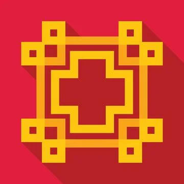 Golden cross in square frame with pixel art style on red background Illustrazione stock