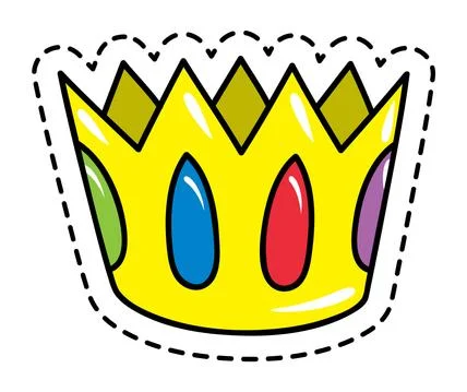 Golden crown with colored gems flat isolated vector in style patch. Modern Stock Illustration