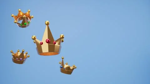 Golden crown floating or levitating in the air, 3D render Illustrazione stock
