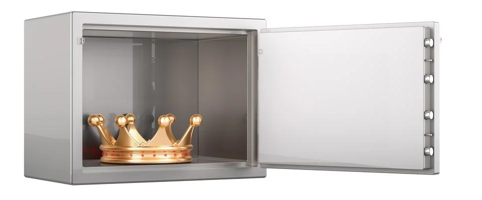 Golden Crown inside safe box with combination lock, 3D rendering Illustrazione stock