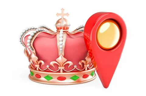 Golden crown with map pointer. 3D rendering Stock Illustration
