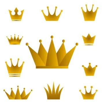 Golden crowns - set of vector gold crown symbols with golden gradient. Ilustración de archivo