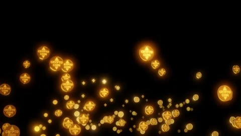 Golden cryptocoins isolated on black background. Glimmering and glowing Stock Footage 157415861