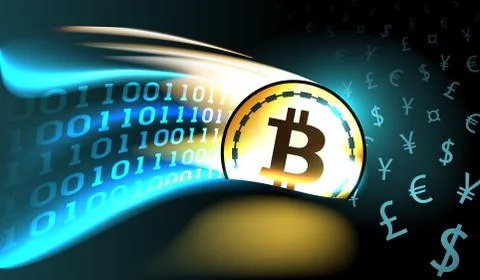 Golden cryptocurrency bitcoin with glowing binary trail Illustrazione stock