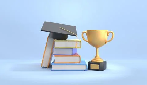 Golden cup with stack books and square academic cap. Graduation from high school Illustrazione stock