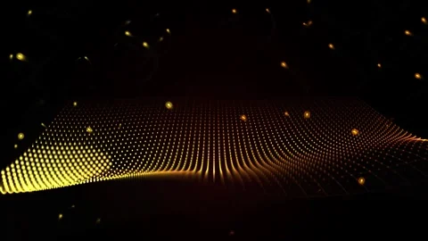 Golden Cybernetic Grid Wave of Pulsating Dots with Drifting Particles Stock Footage 346172461