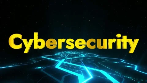 Golden cybersecurity text floats above glowing blue digital network in dark Stock Footage 340611978