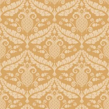 Golden Damask Seamless Pattern with Pineapple and Leaf Motifs Stock Illustration