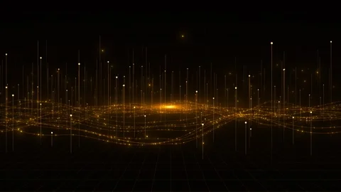 Golden data wave network landscape glowing grid, signal lines, bright nodes, and Stock Footage 334062241