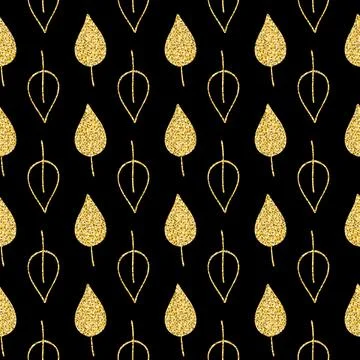 Golden deciduous tree leaf, forest seamless pattern black golden shimmer glit イラスト素材
