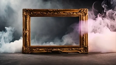 A golden decorated horizontal, rectangular frame with slowly moving smoke f.. Vídeos de archivo 273954323