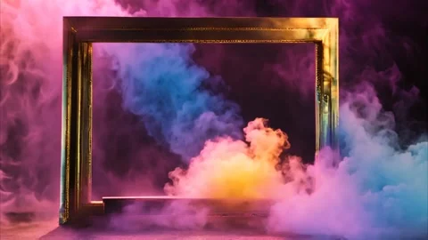 A golden decorated horizontal, rectangular frame with slowly moving smoke f.. Vídeos de archivo 273954512