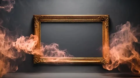 A golden decorated horizontal, rectangular frame with slowly moving smoke a.. Stock Footage 273954536